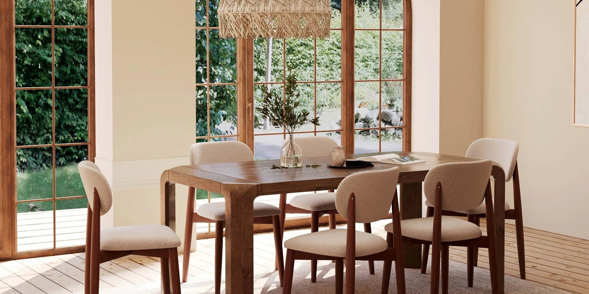 Garda solid wood dining table under arched windows, Black Friday sale