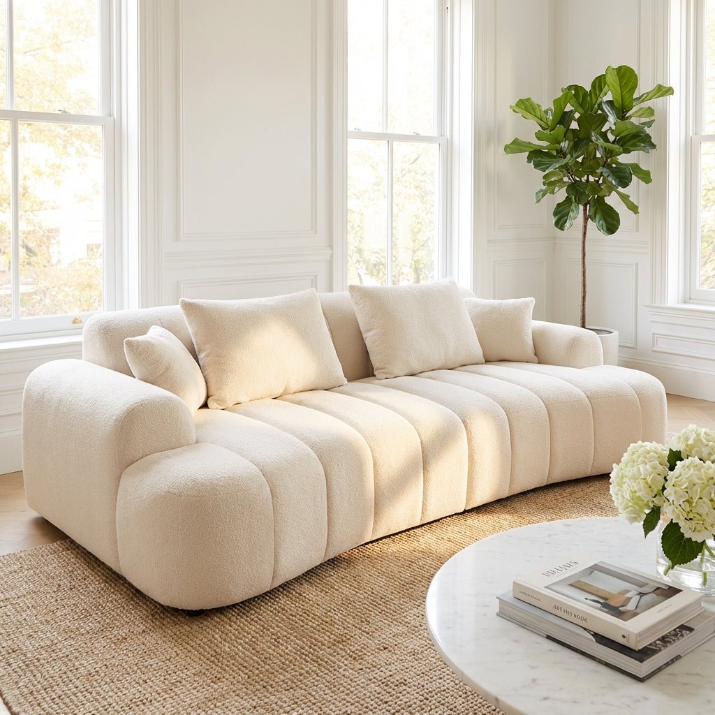 A well-furnished Canadian living room with a boucle sofa, warm rug, and sculptural coffee table — Altera Home Design