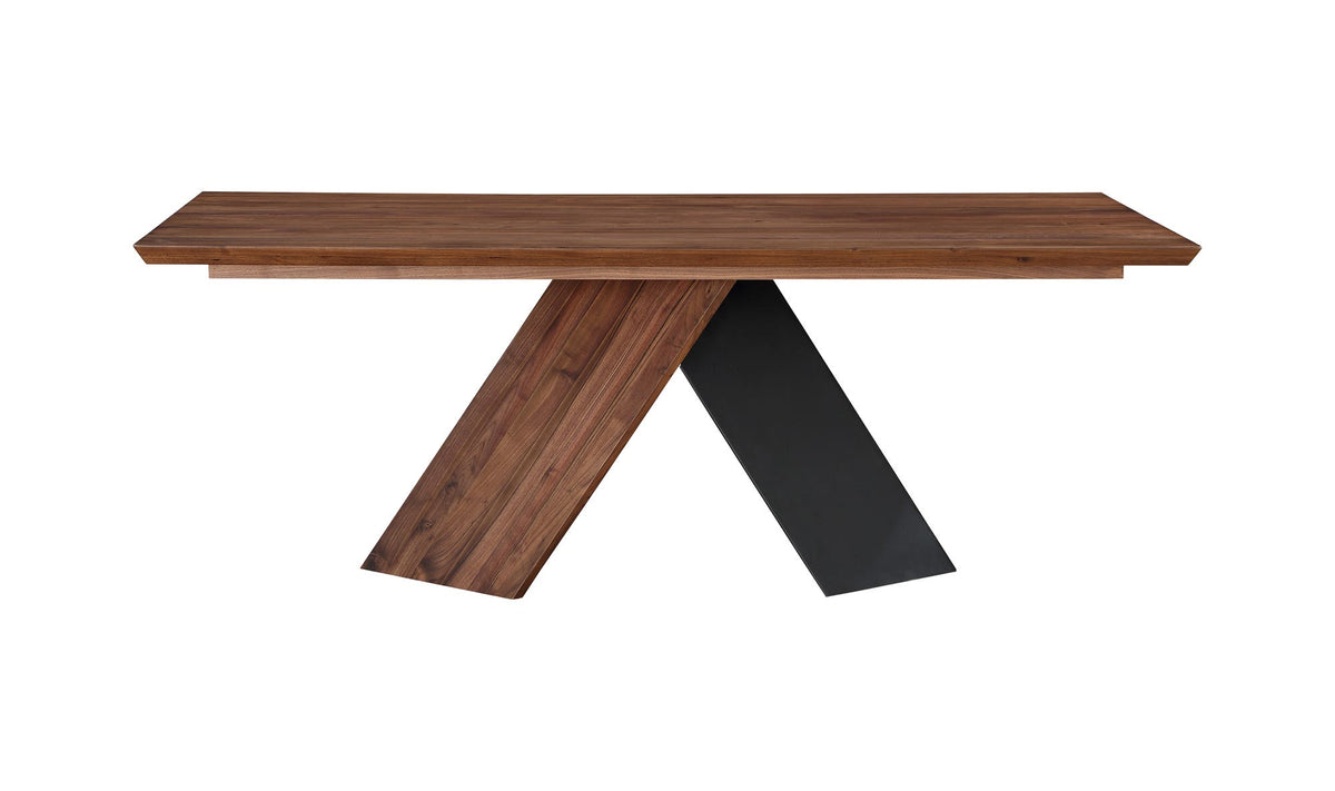 Wooden table with a unique X-shaped leg design on a white background