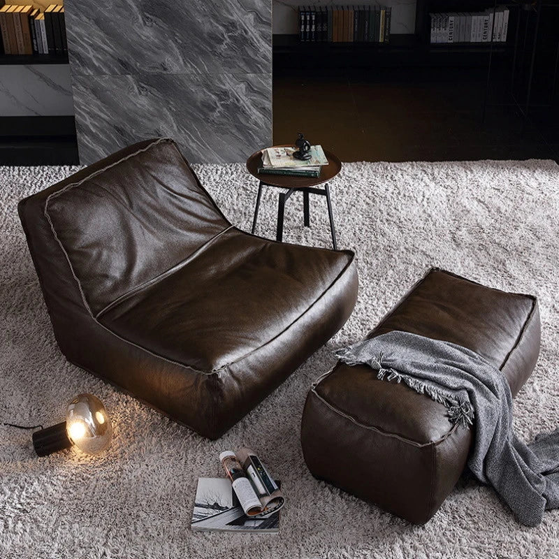 Modern Pula02 Single Sofa & Ottoman Set - Natural Cotton Leather Cover