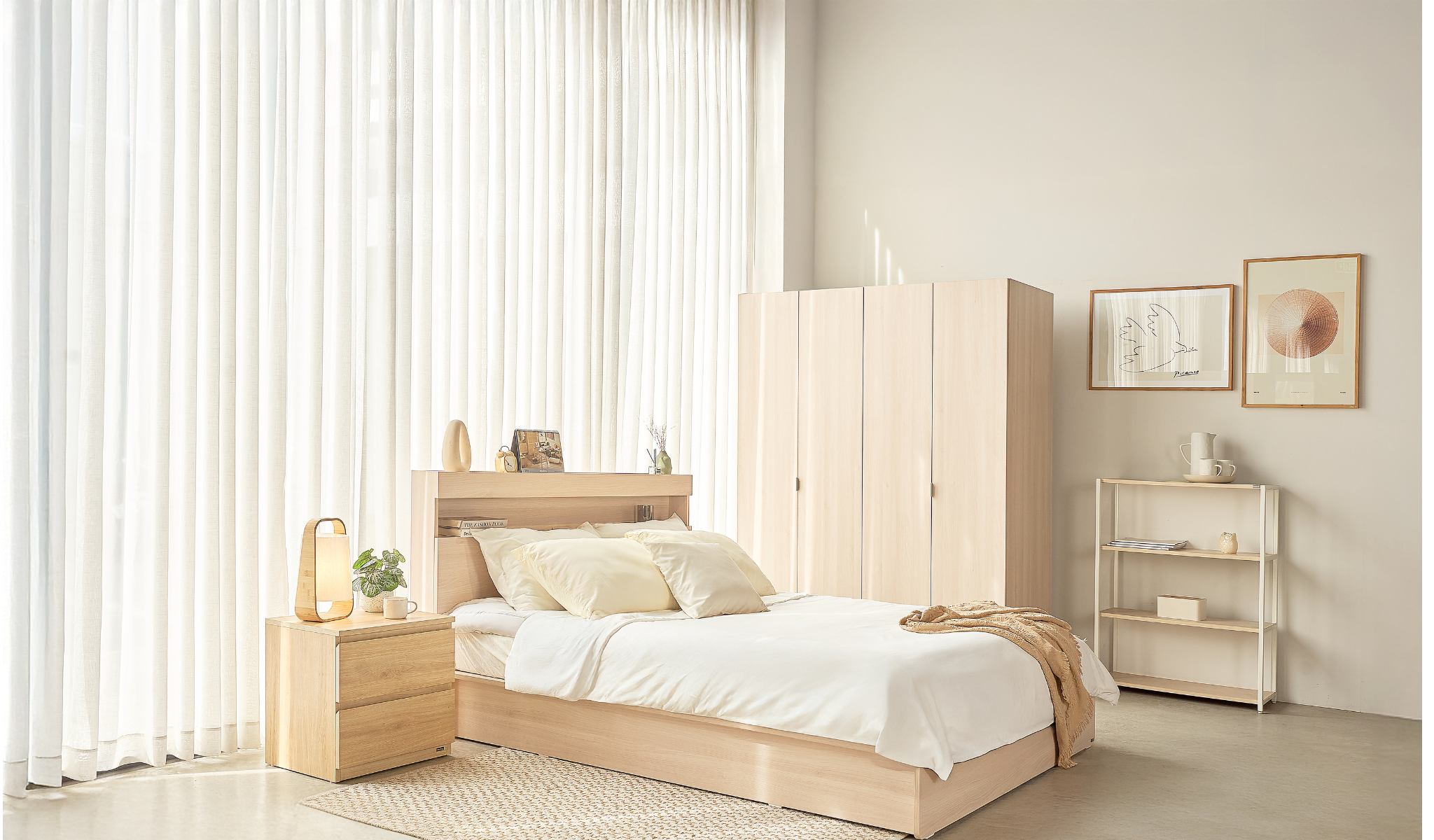 MOHO VIENNA Wooden Bed with Storage Drawers & Integrated Power Outlets, Natural Finish