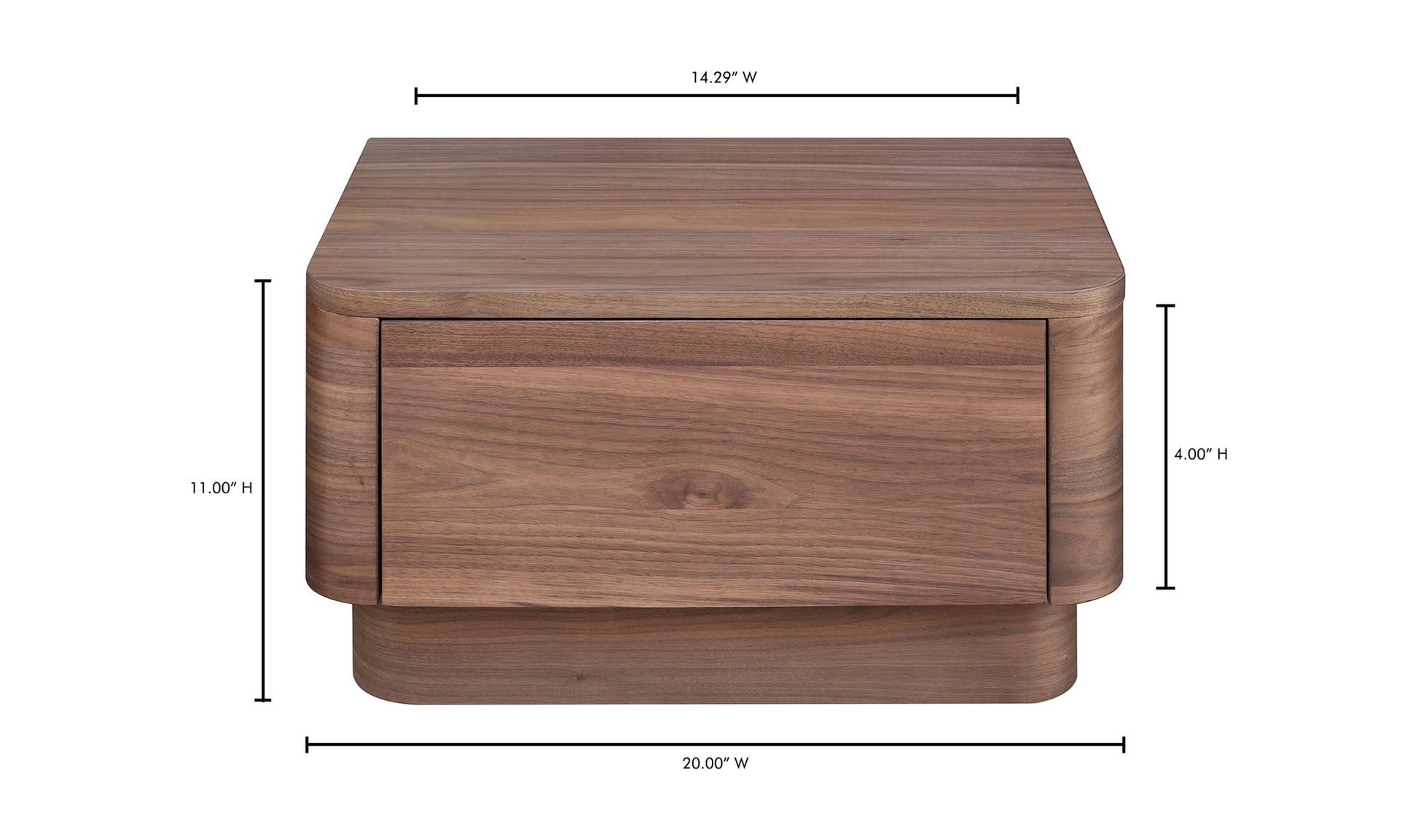 Wooden nightstand with dimensions on a white background