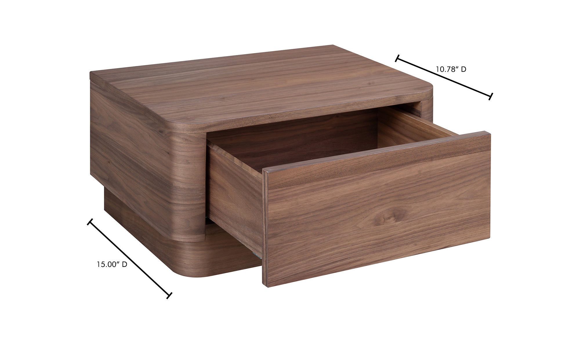 Wooden side table with an open drawer and dimensions on a white background