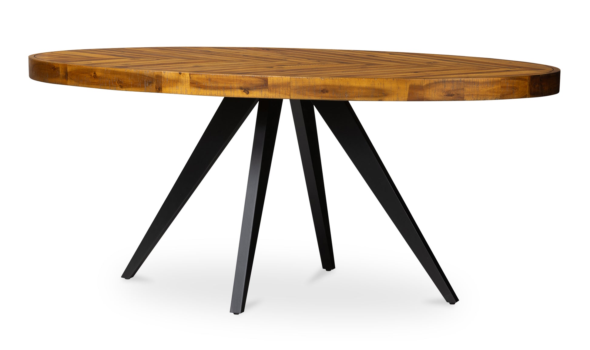 Wooden dining table with black metal legs on a white background