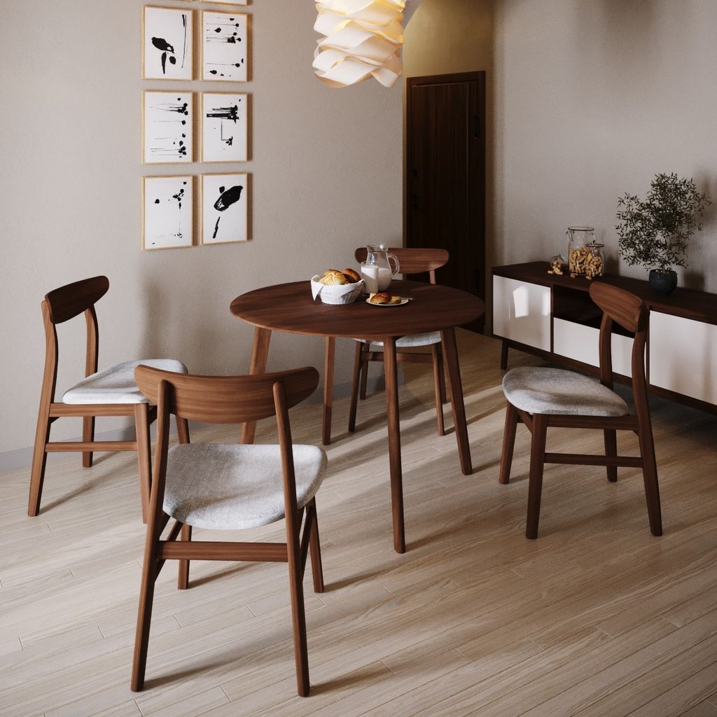 Elegant Round Natural Rubberwood Dining Set with 4 Oslo Chairs