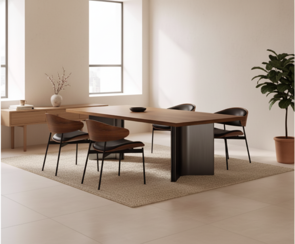 Aero Curve Walnut & Leather Dining Set