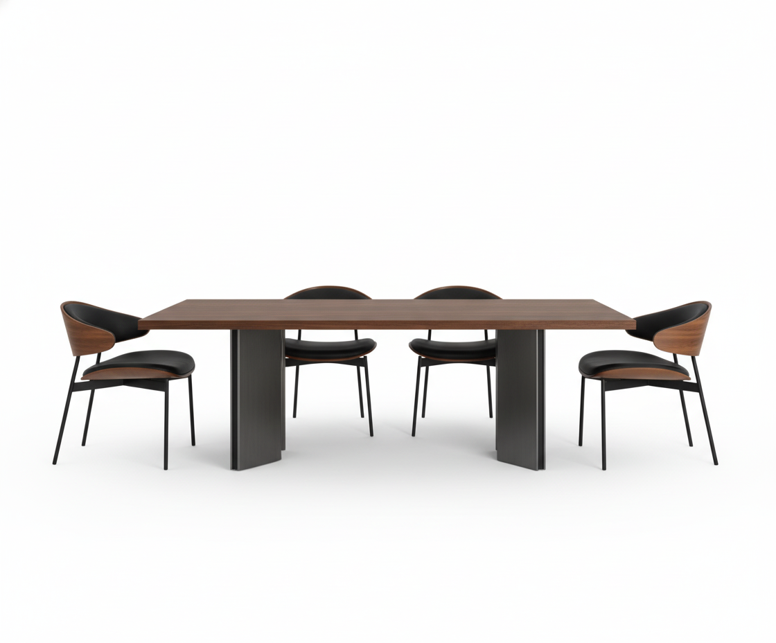 Aero Curve Walnut & Leather Dining Set