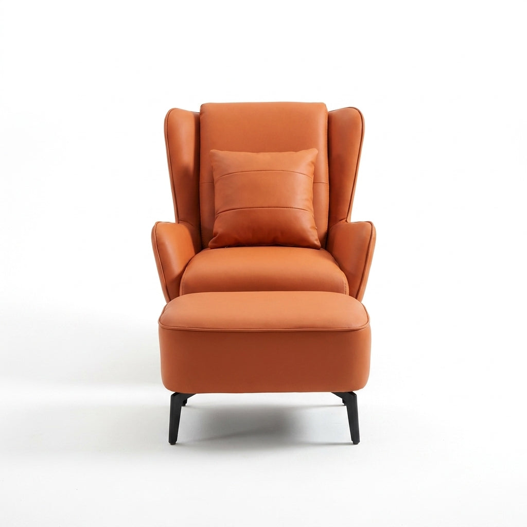 Brown leather armchair with ottoman on a white background