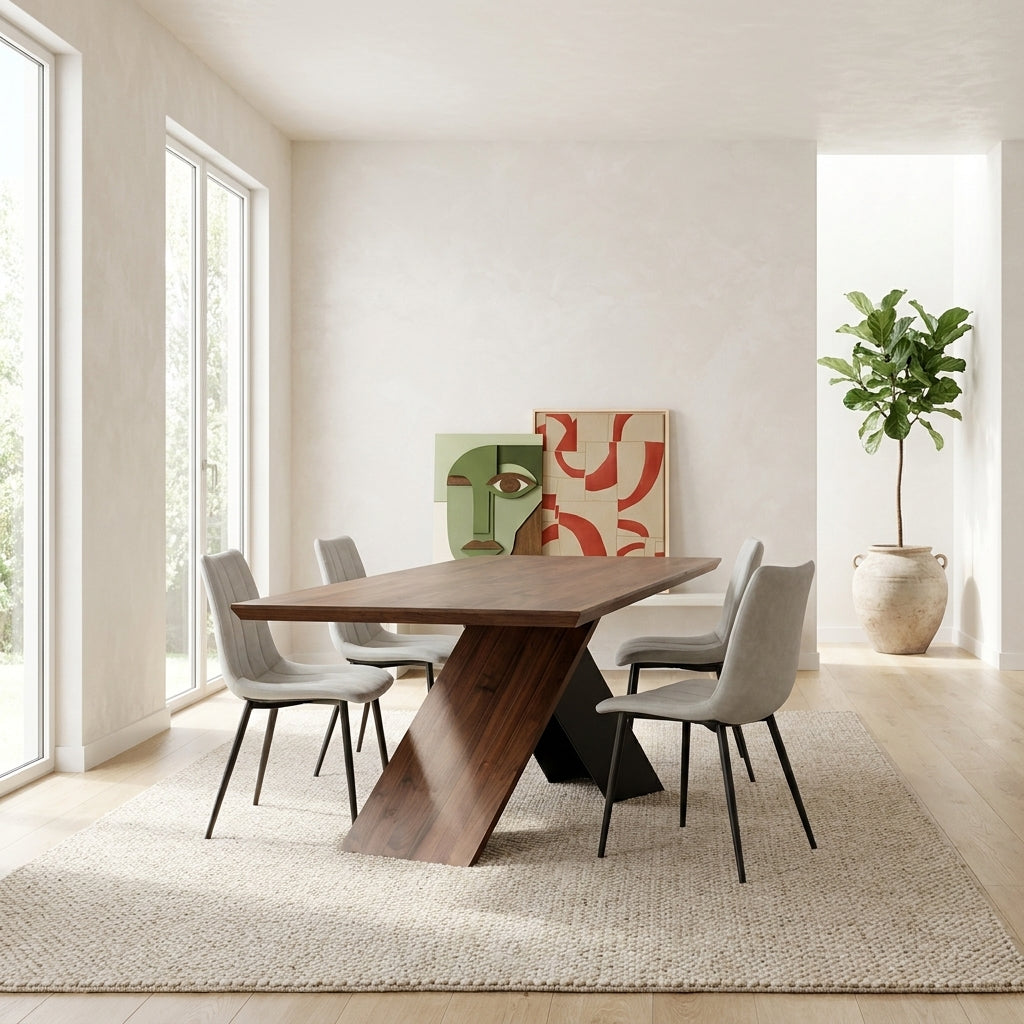 A modern dining room scene featuring a rectangular wooden dining table with a sculptural angled base, surrounded by four gray upholstered chairs on a textured beige rug. The room has white walls, tall windows, and a potted plant in the background.
