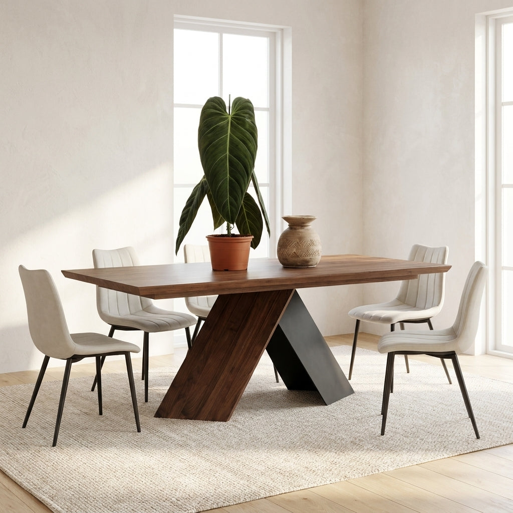A modern dining table set in a bright, minimalist room. The table has a dark brown wood top and a unique geometric base made of dark wood and a black triangular element.