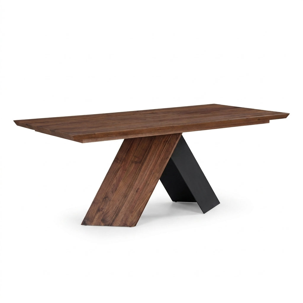A modern rectangular dining table with a dark brown wood grain top and a geometric A-shaped base featuring one wood panel and one matte black panel, shown on a white background.