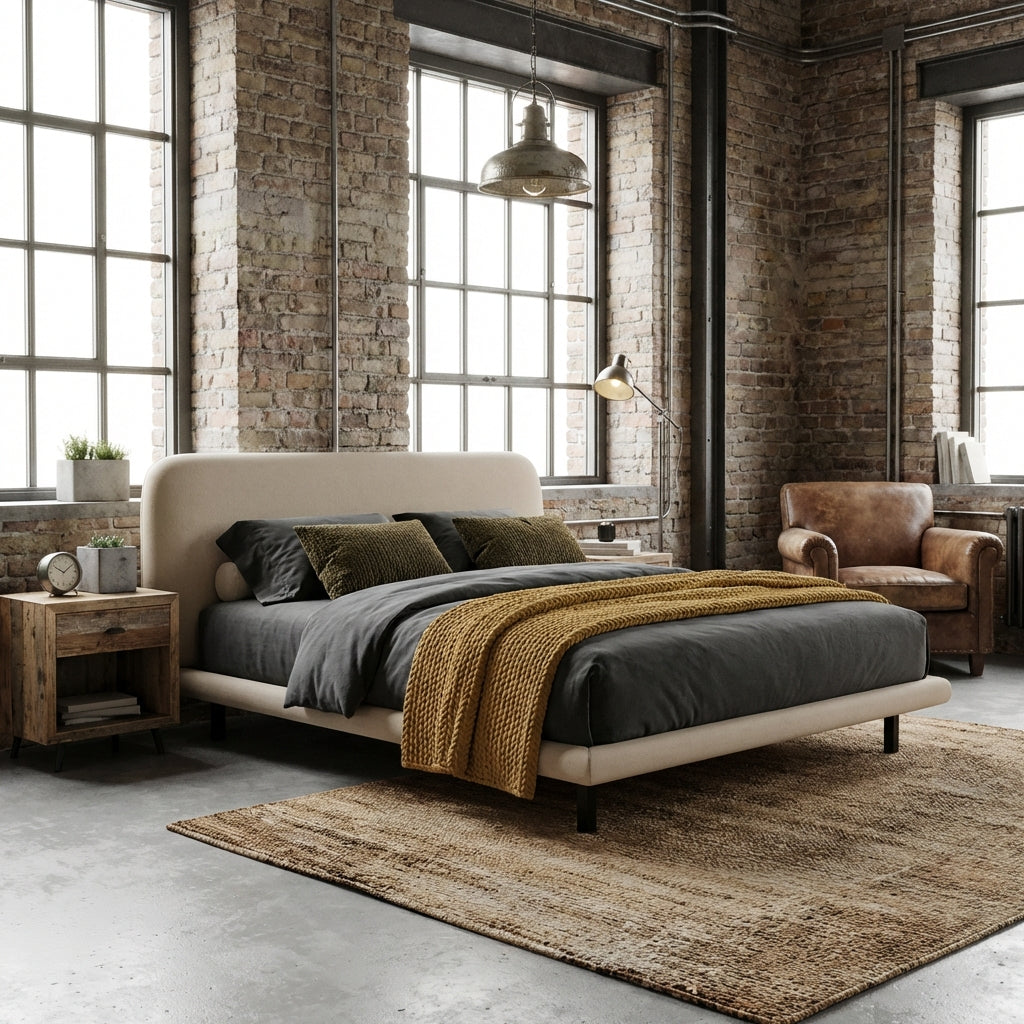 Modern bedroom with brick walls, large windows, and a bed with gray bedding and a yellow throw blanket.