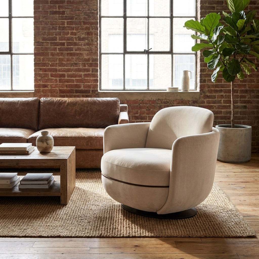 Beige armchair in a living room with a brown sofa, wooden coffee table, and brick wall.