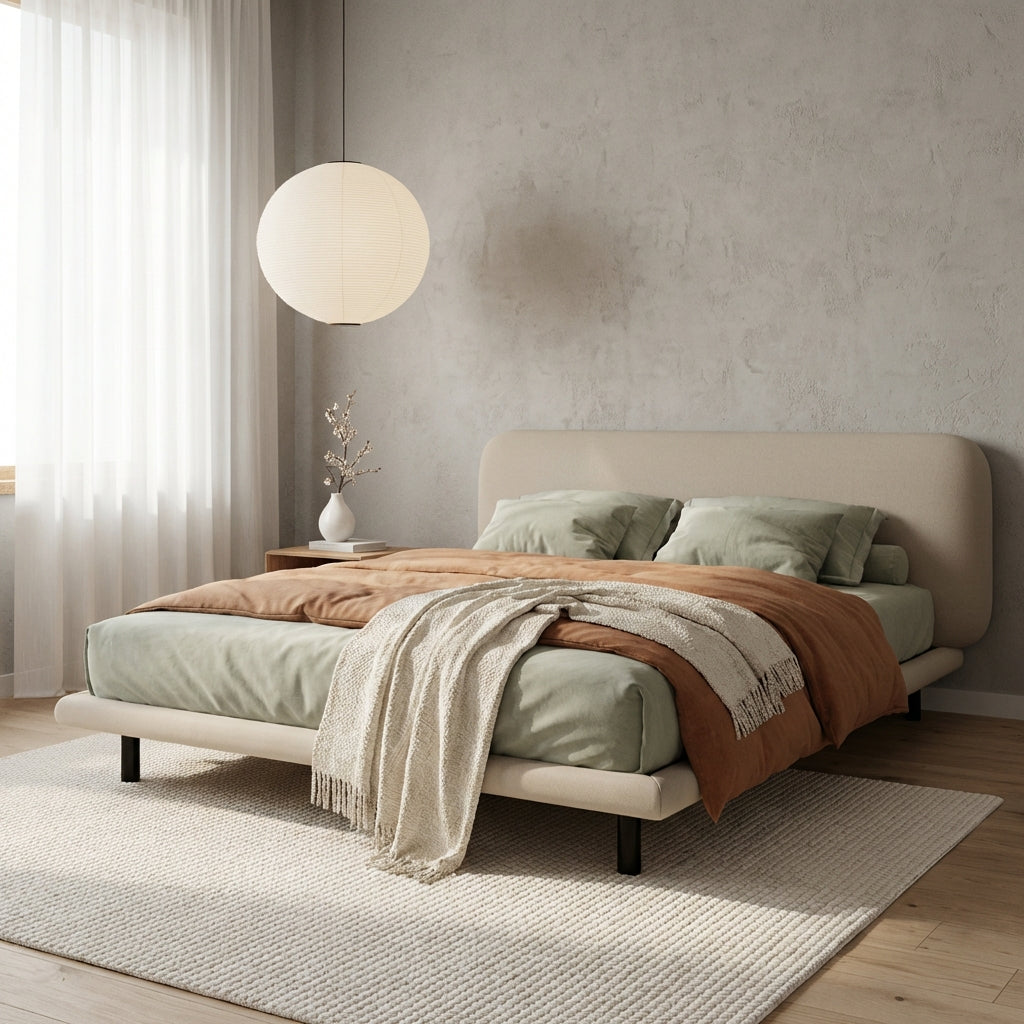 Neatly made bed with green bedding and brown throw blanket in a modern bedroom.