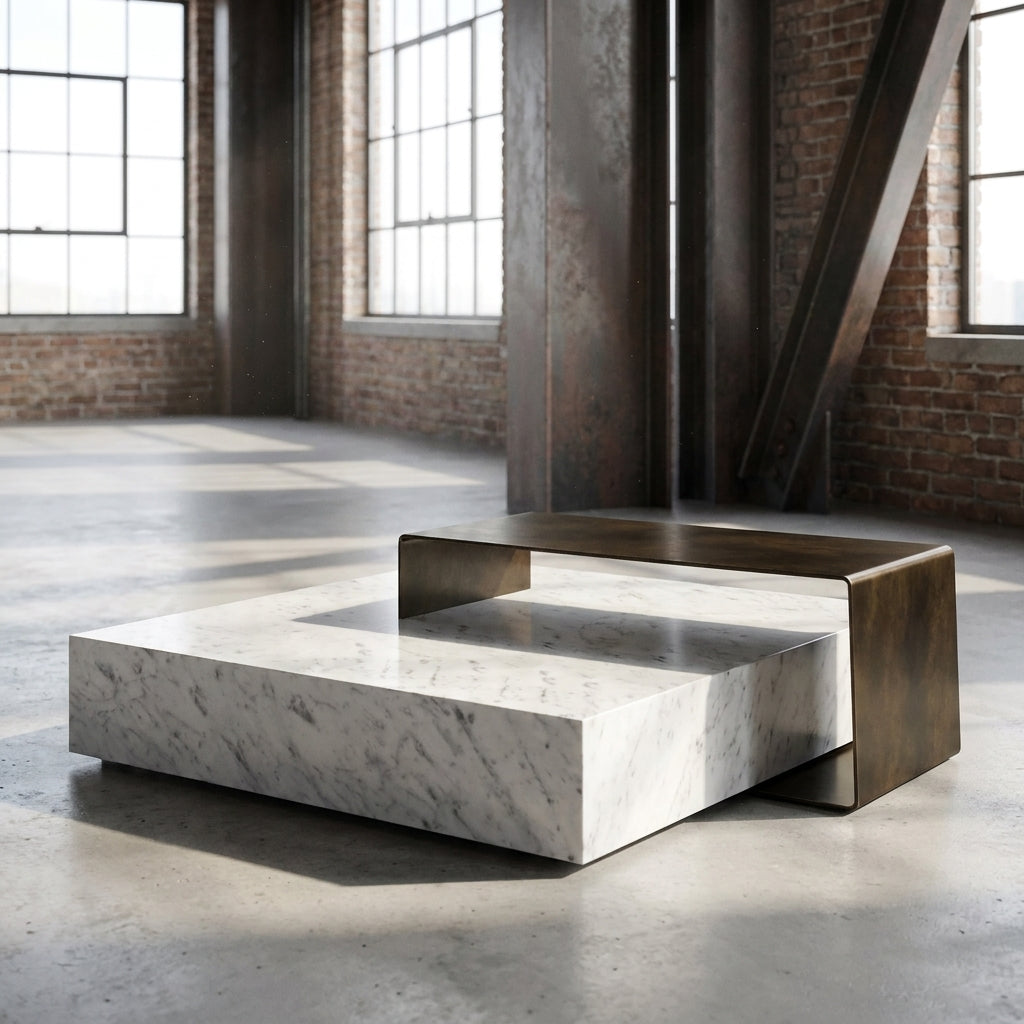 Modern coffee table with marble and bronze design in an industrial-style room.