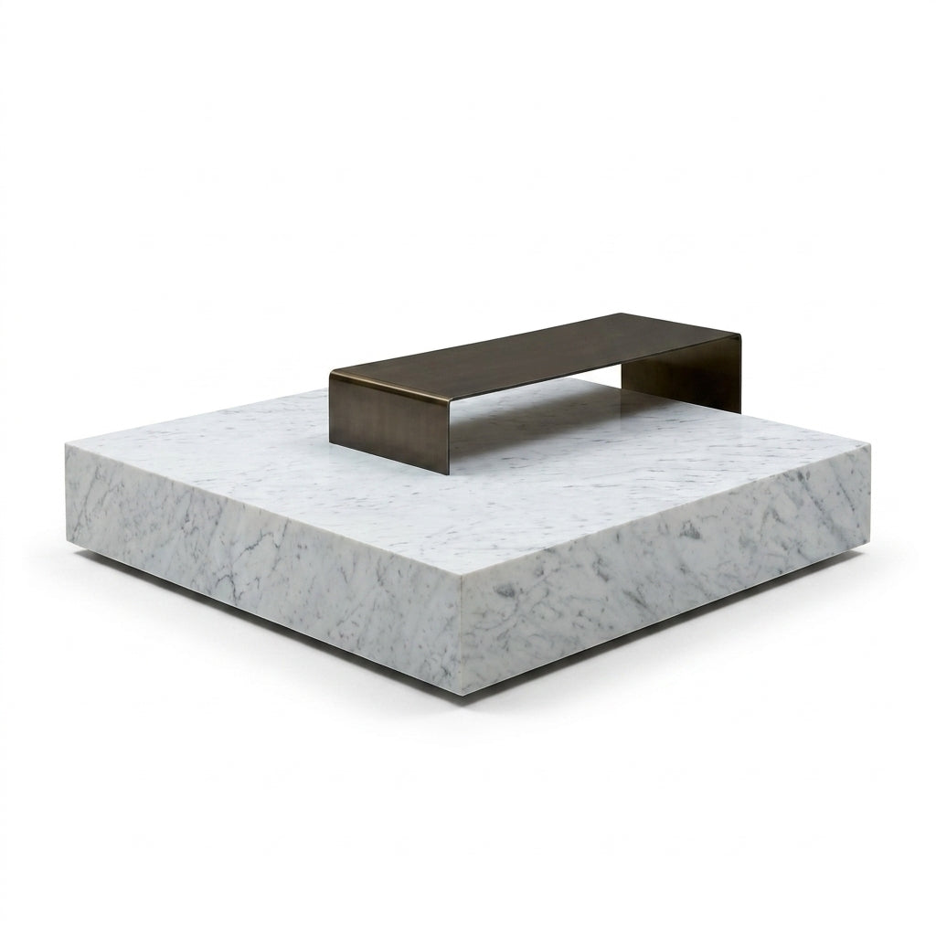 Modern coffee table with marble base and bronze shelf on a white background