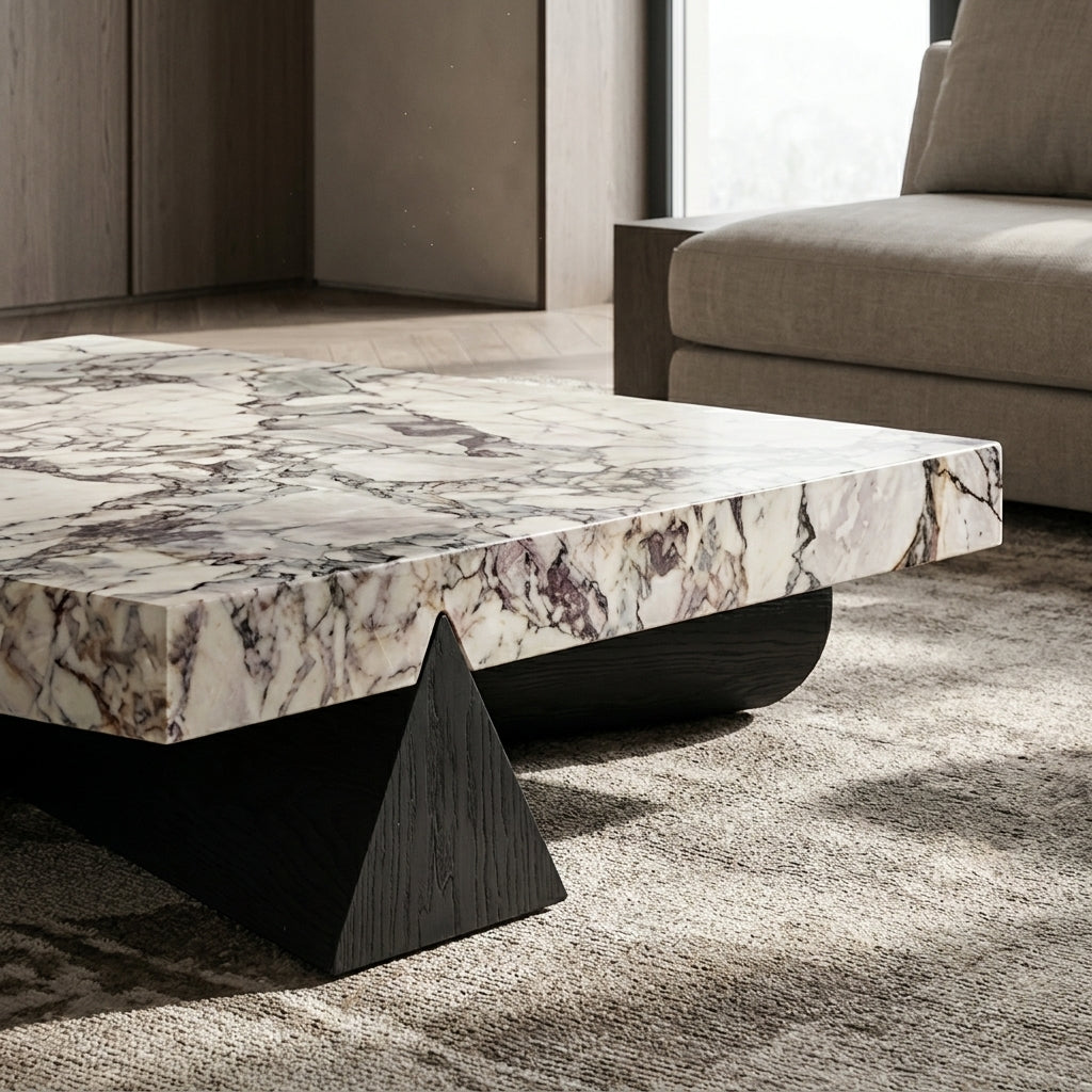 Marble coffee table with a modern design in a living room setting