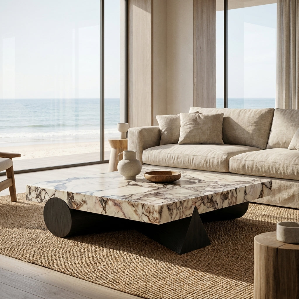 Modern living room with a marble coffee table and beige sofa, featuring large windows with a view of the ocean.