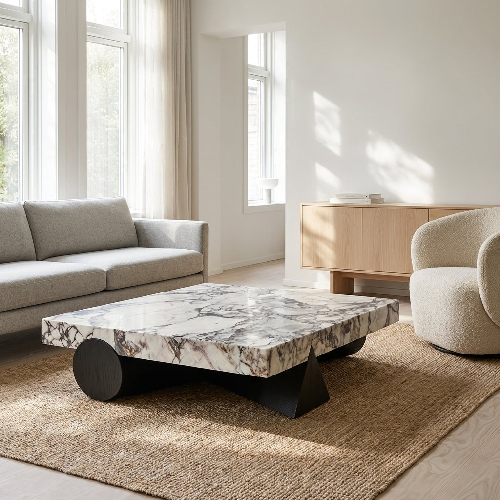 Modern living room with a marble coffee table, gray sofa, and beige armchair.
