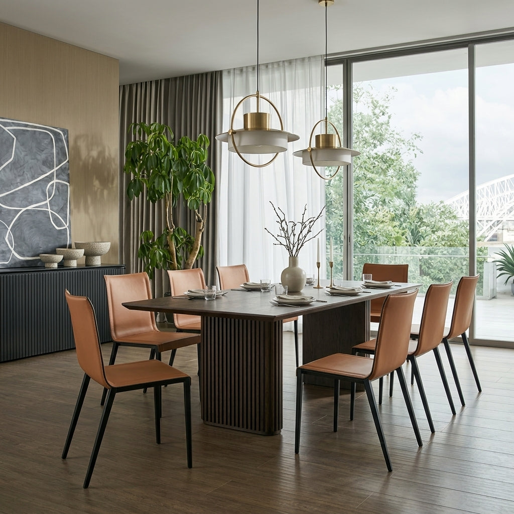 Modern dining room with a wooden table and chairs near large windows.
