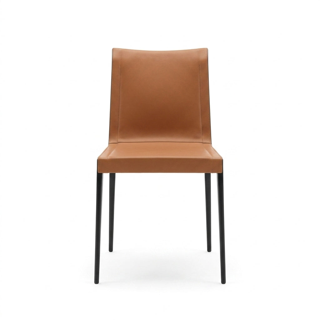 Brown leather chair with black legs on a white background