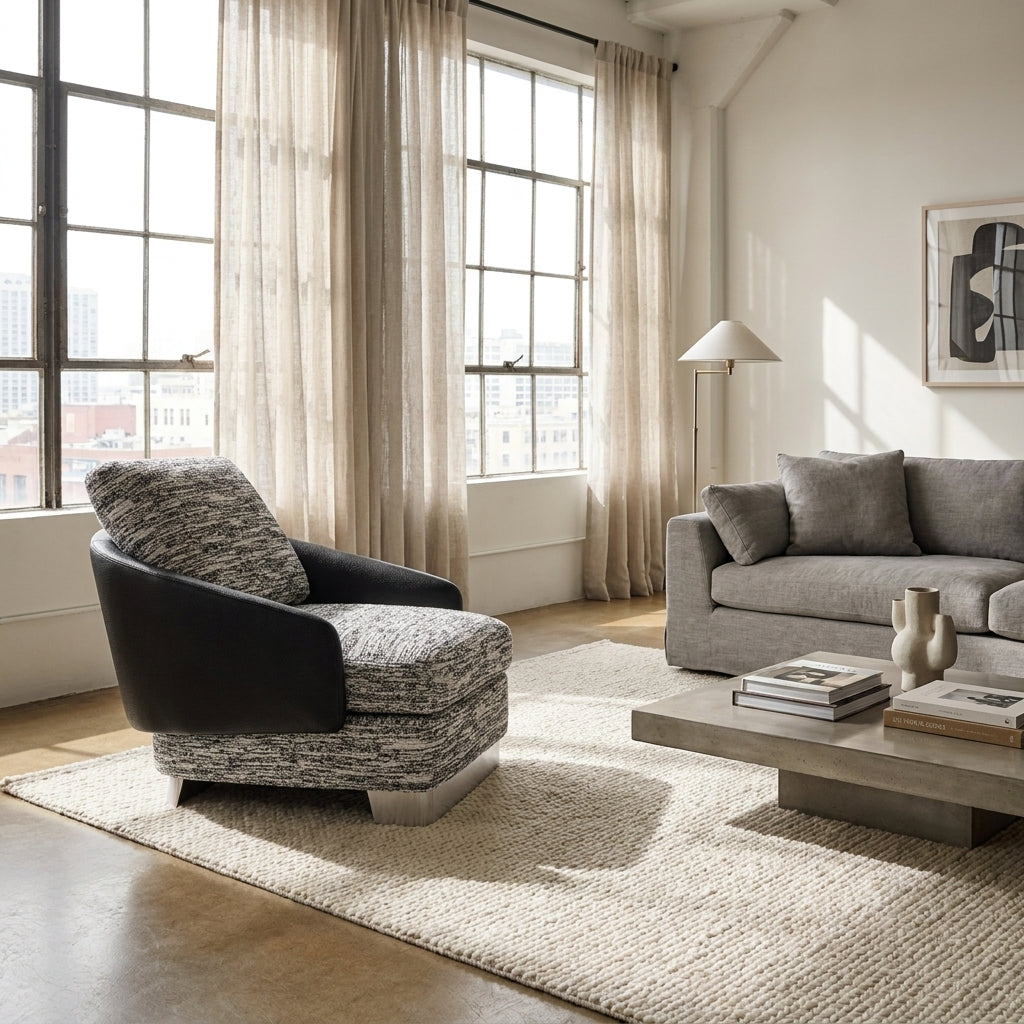 Modern living room with gray sofa, armchair, and coffee table.