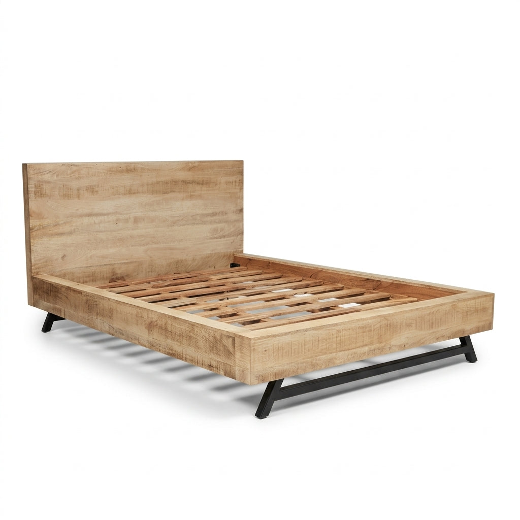 Wooden bed frame with metal legs on a white background