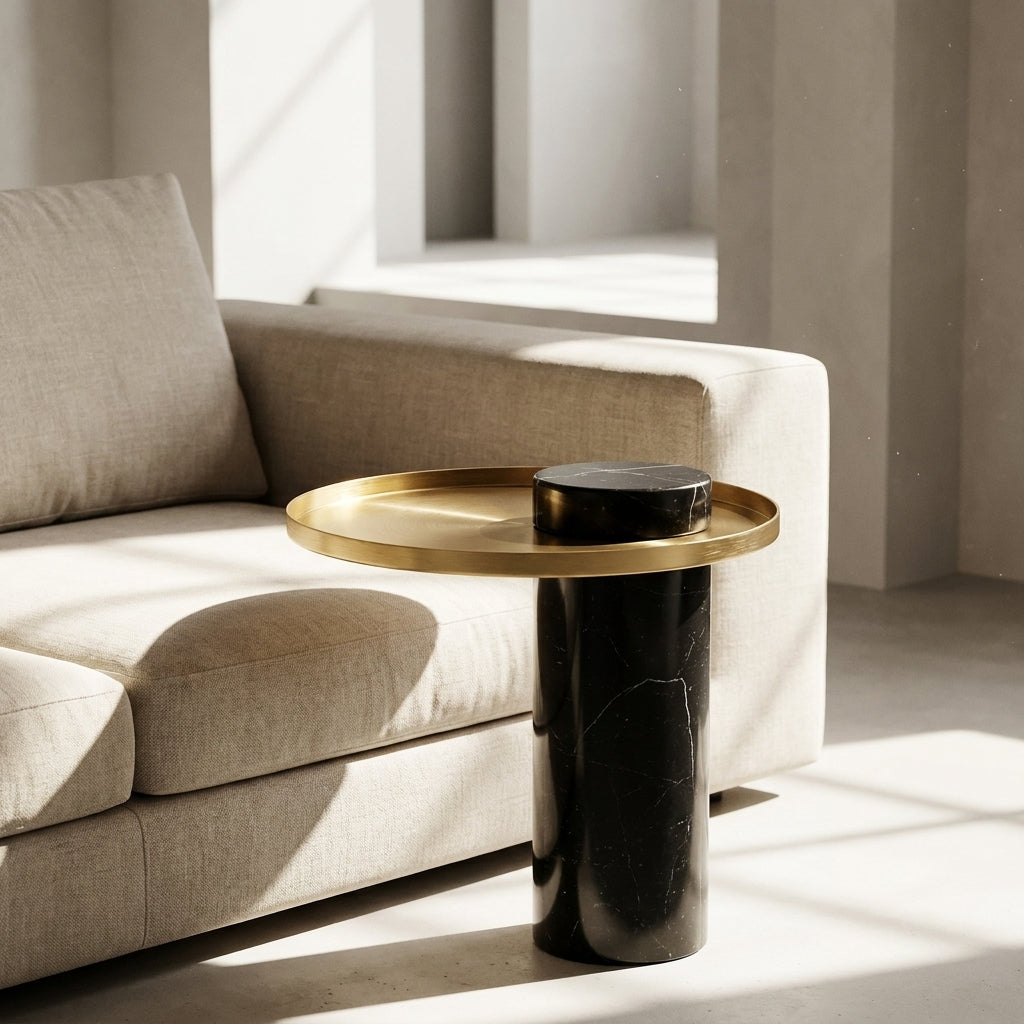 Modern side table with gold top and black cylindrical base in a living room setting.