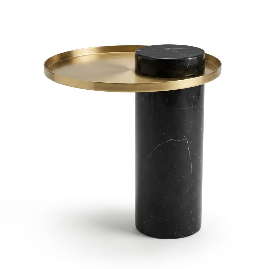 Side table with gold tray and black marble base on a white background