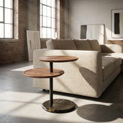 Modern living room with a sectional sofa and a wooden side table.