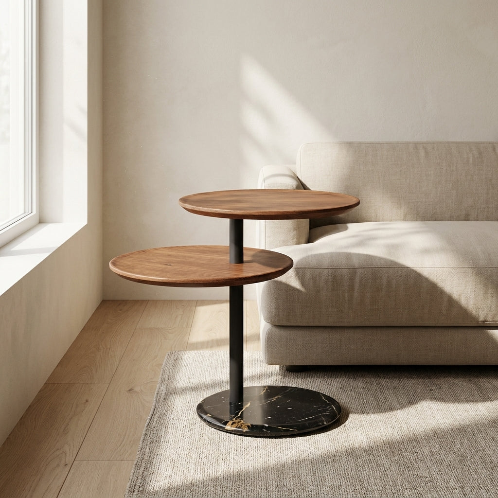 Two-tiered wooden side table in a living room setting with a sofa and sunlight streaming through a window.