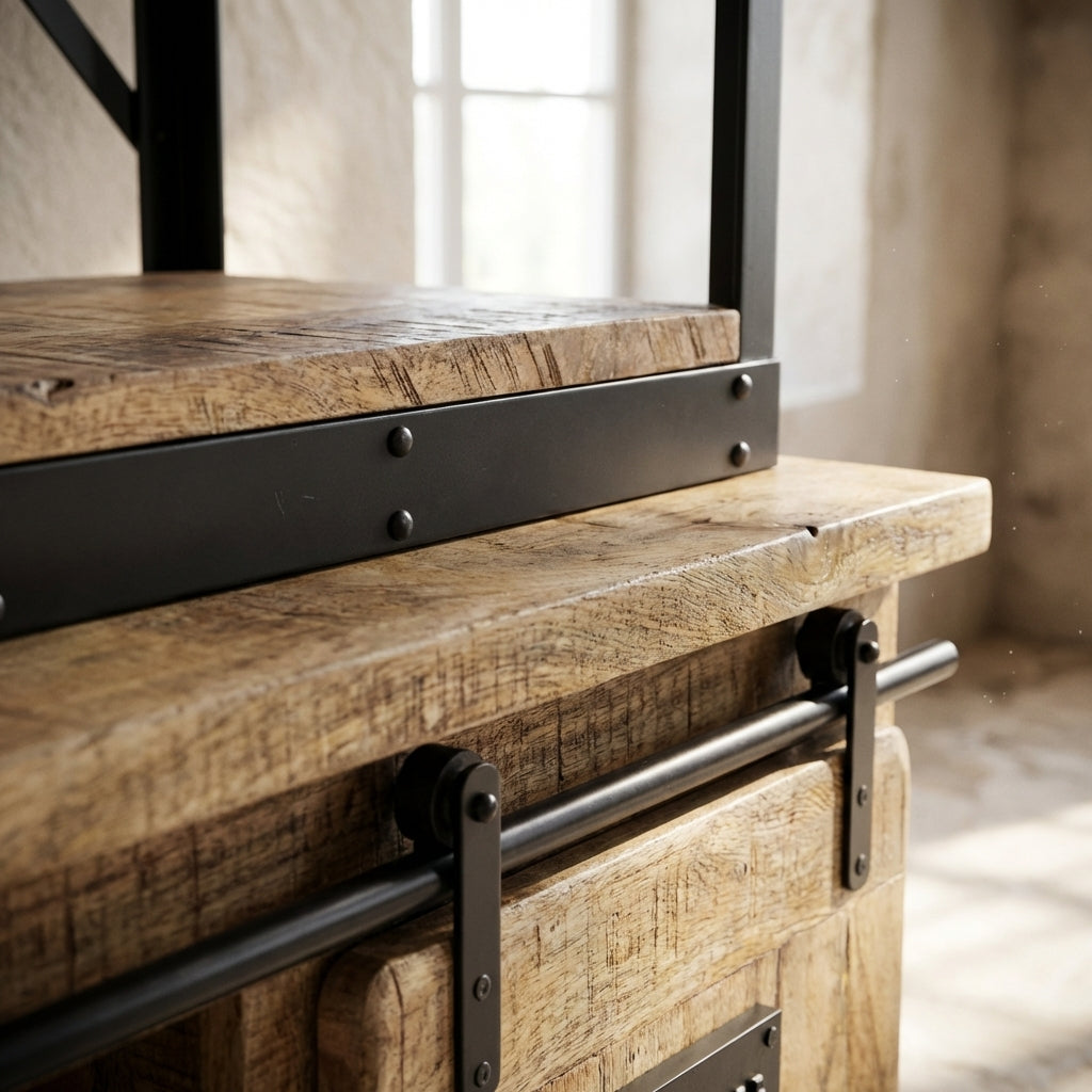Wooden shelf with metal brackets in a softly lit room