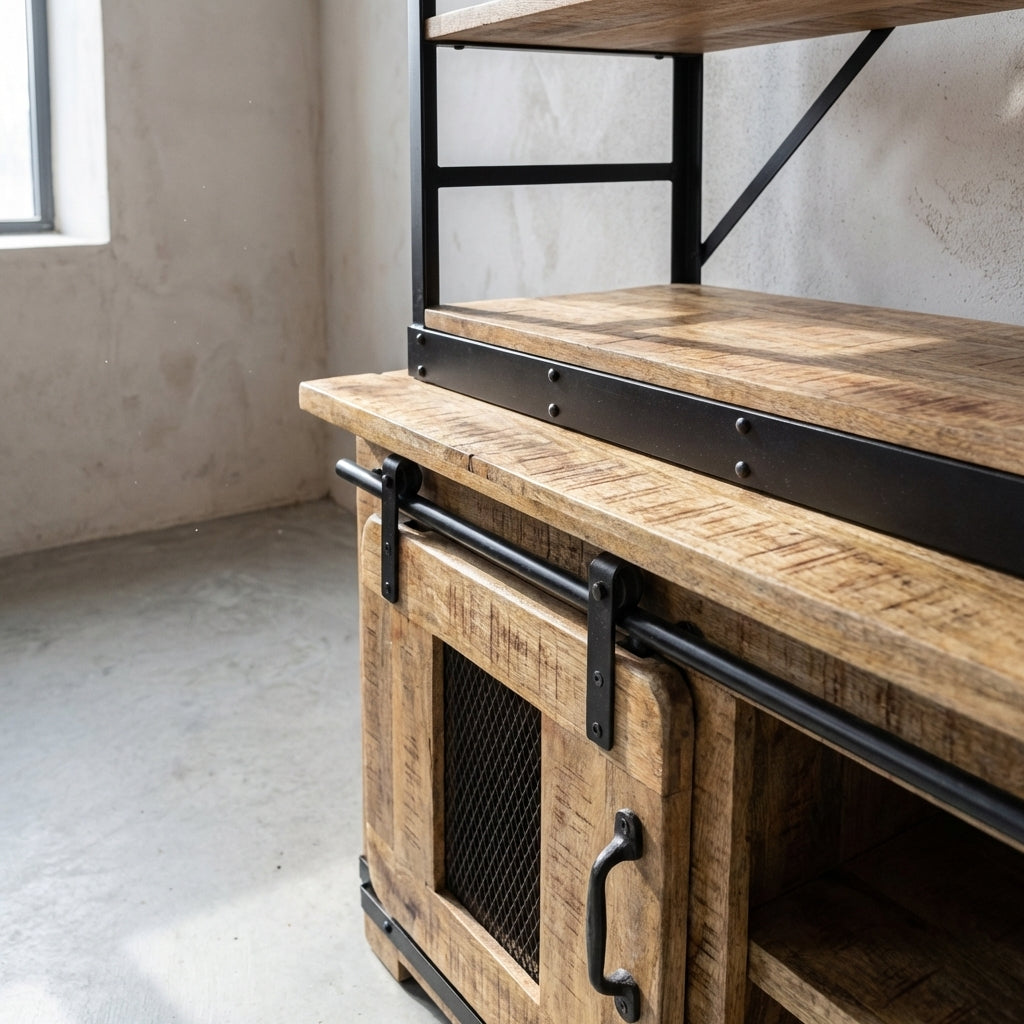 Wooden console table with metal accents in a minimalistic room.
