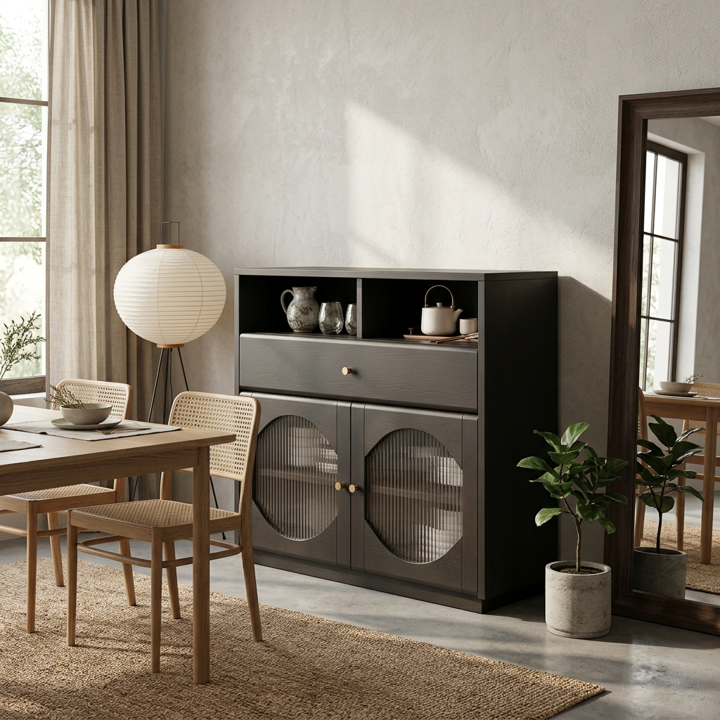 Modern living room with a dark gray cabinet, wooden dining table, and chairs.