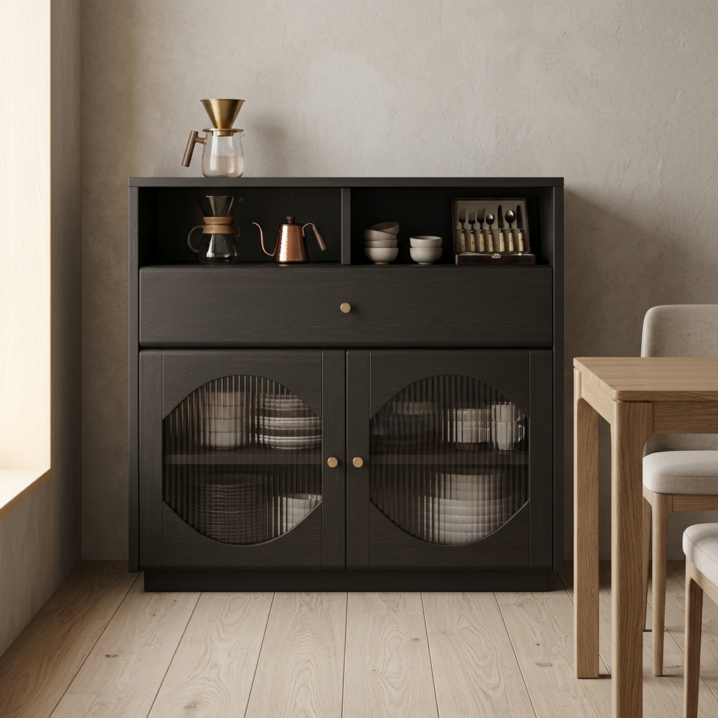 Black cabinet with glass doors in a room with wooden floor and table.