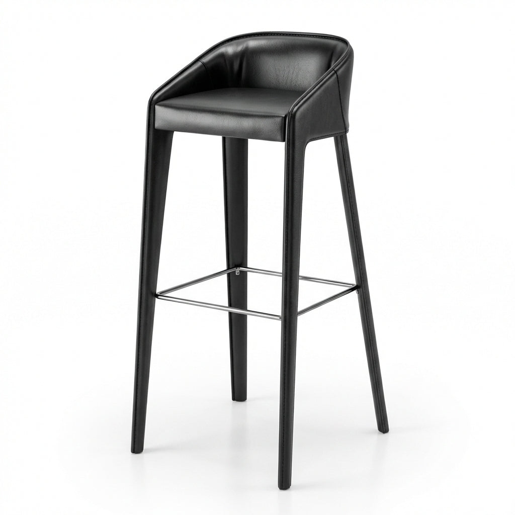 Black bar stool with leather seat on a white background