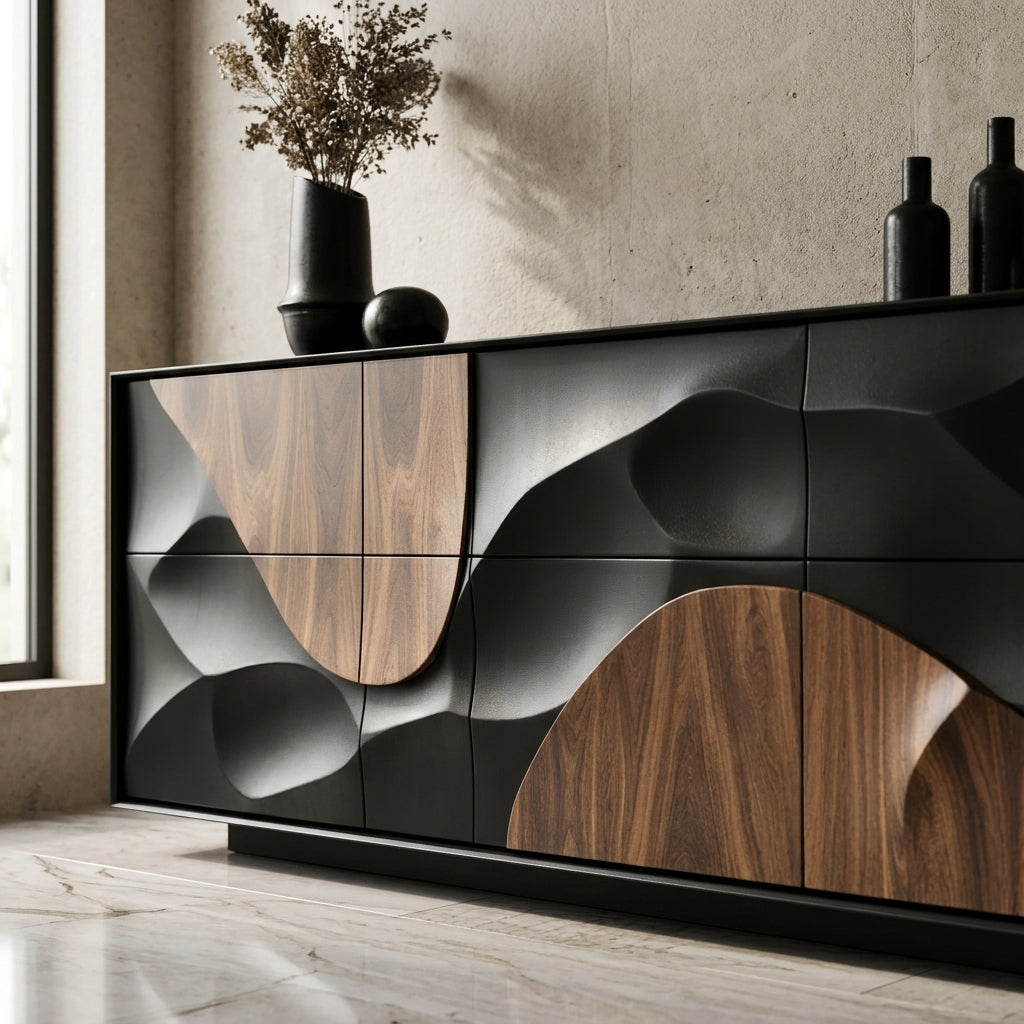 Modern black and wood-patterned sideboard against a neutral wall.