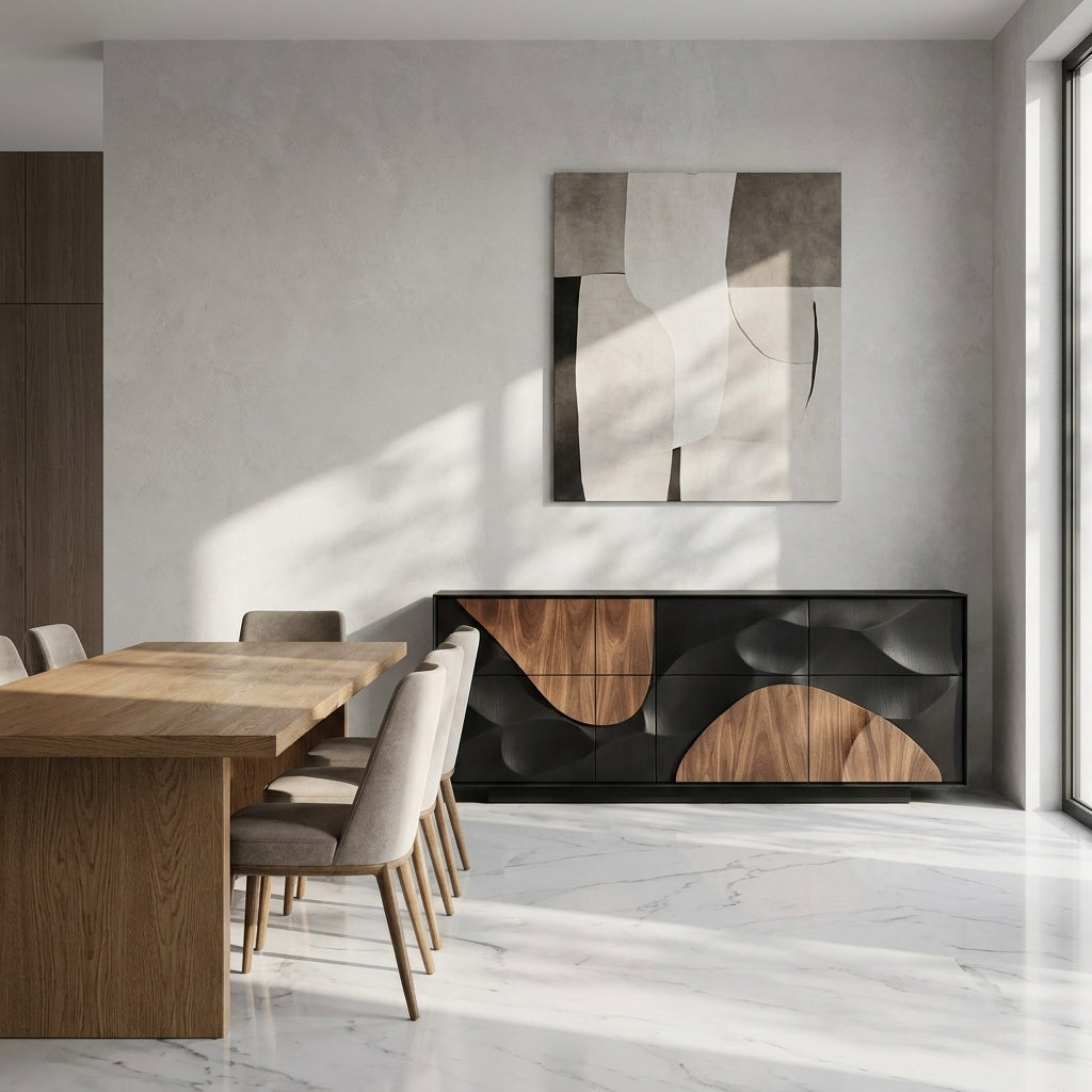 Modern dining room with wooden table, chairs, and a decorative wall piece.