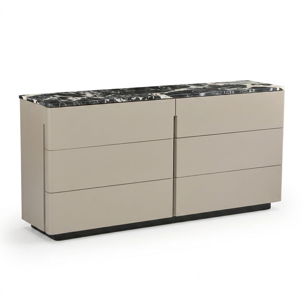 Beige kitchen island with black marble countertop on a white background