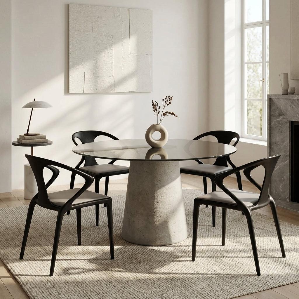 Modern dining room with a round glass table and black chairs.