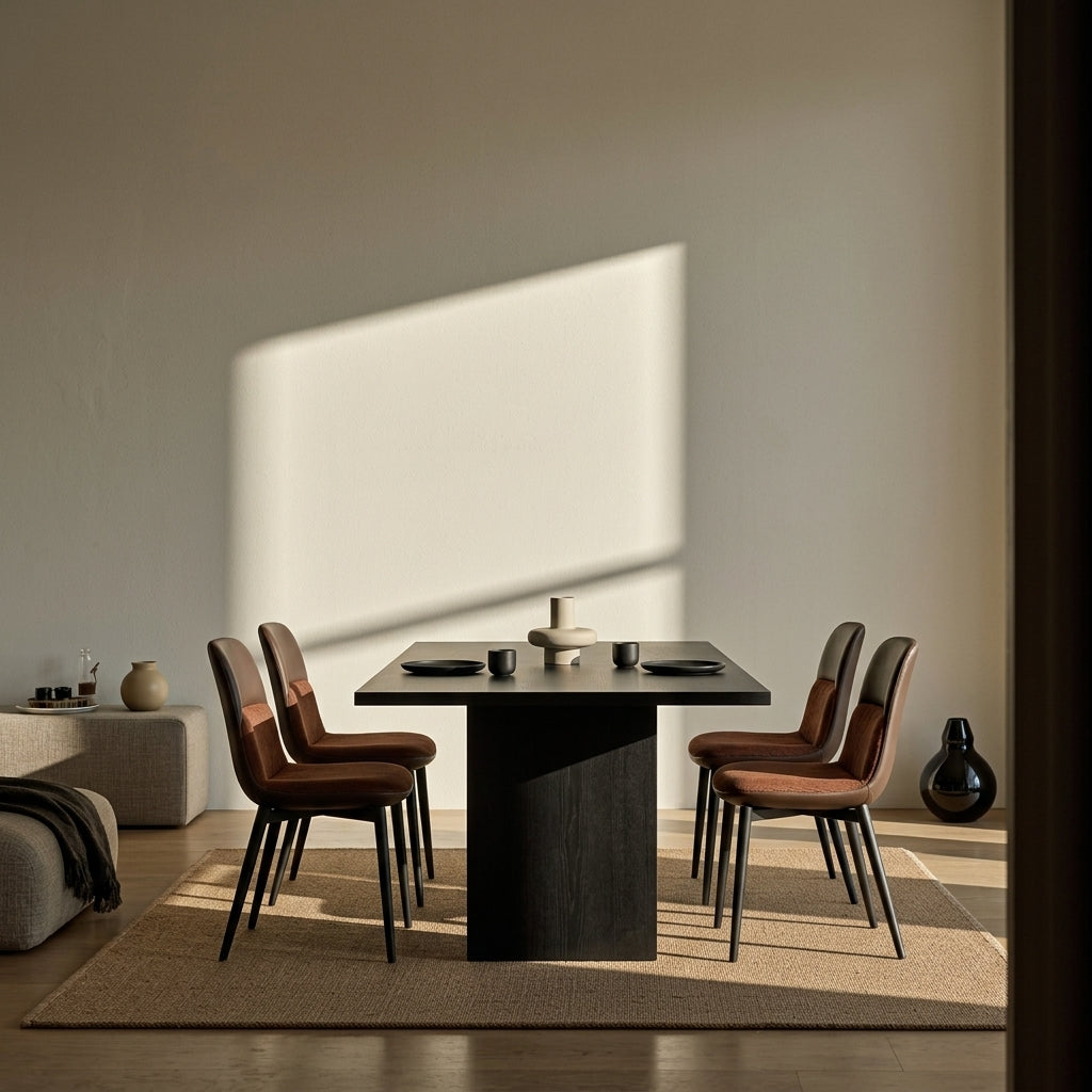 Dining area with a black rectangular table and four brown chairs in a room with neutral walls and a rug.