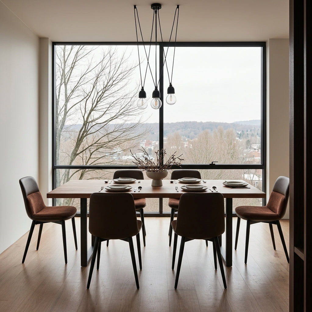 Dining area with a large window view of trees and mountains, featuring a wooden table and chairs.