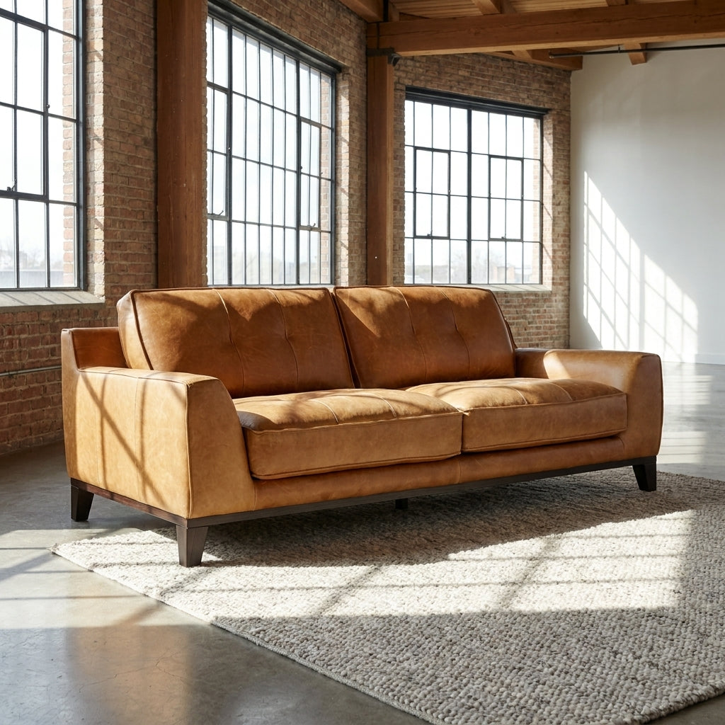 A tan leather loveseat sofa with tufted back cushions and dark wooden legs, positioned on a textured light gray rug in a loft-style room with brick walls, large industrial windows, and exposed wooden ceiling beams.