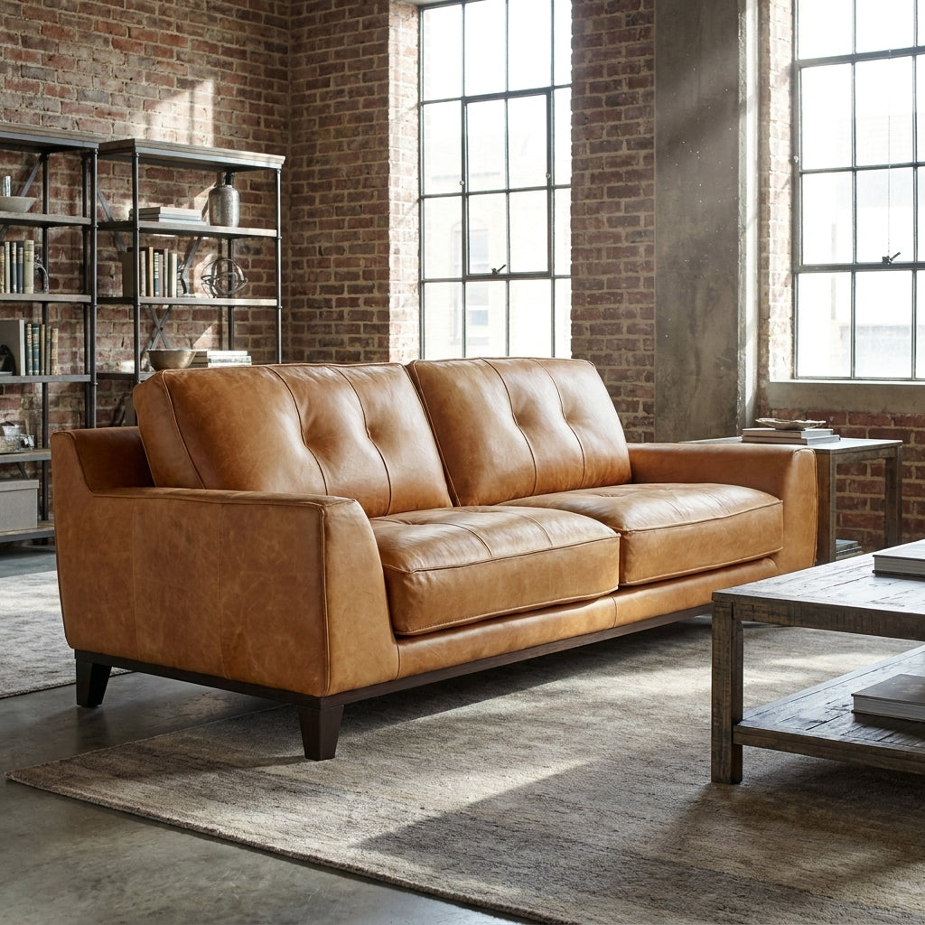 A tan leather loveseat sofa with tufted back cushions, shown in a rustic industrial living room setting with brick walls, large windows, and a wooden coffee table.
