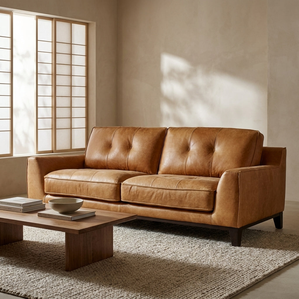 A two-seater tan leather sofa with tufted back cushions, styled in a warm, minimalist living room next to a wooden coffee table and shoji-style window.