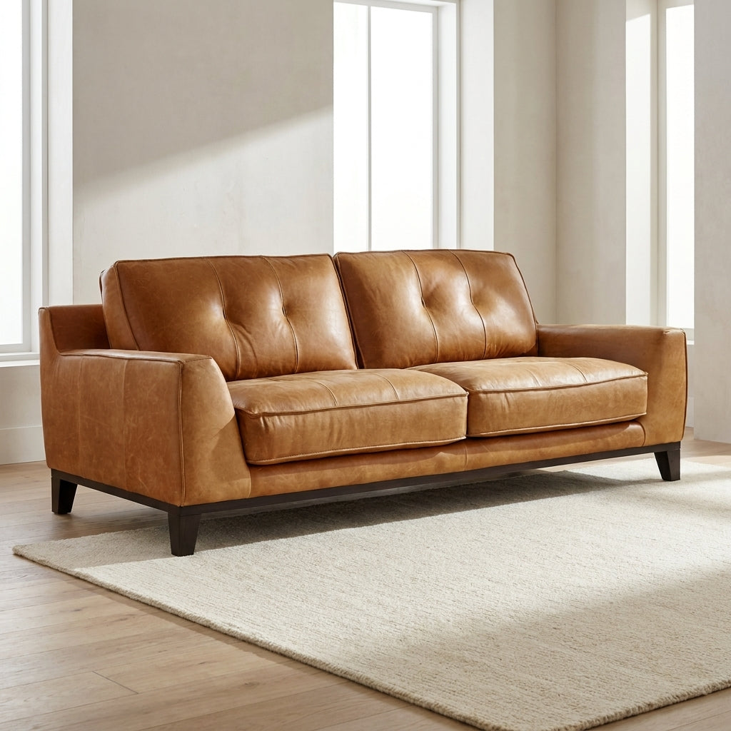 A two-seater loveseat sofa upholstered in warm tan leather with tufted back cushions and dark wooden legs, shown in a bright living room setting on a light rug.