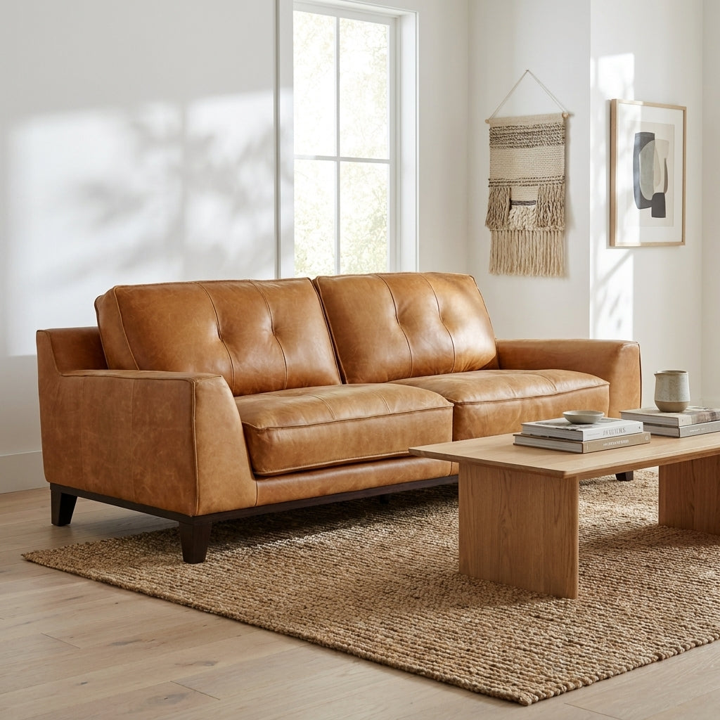 A tan leather loveseat sofa in a bright, modern living room setting with a wooden coffee table and a woven jute rug.