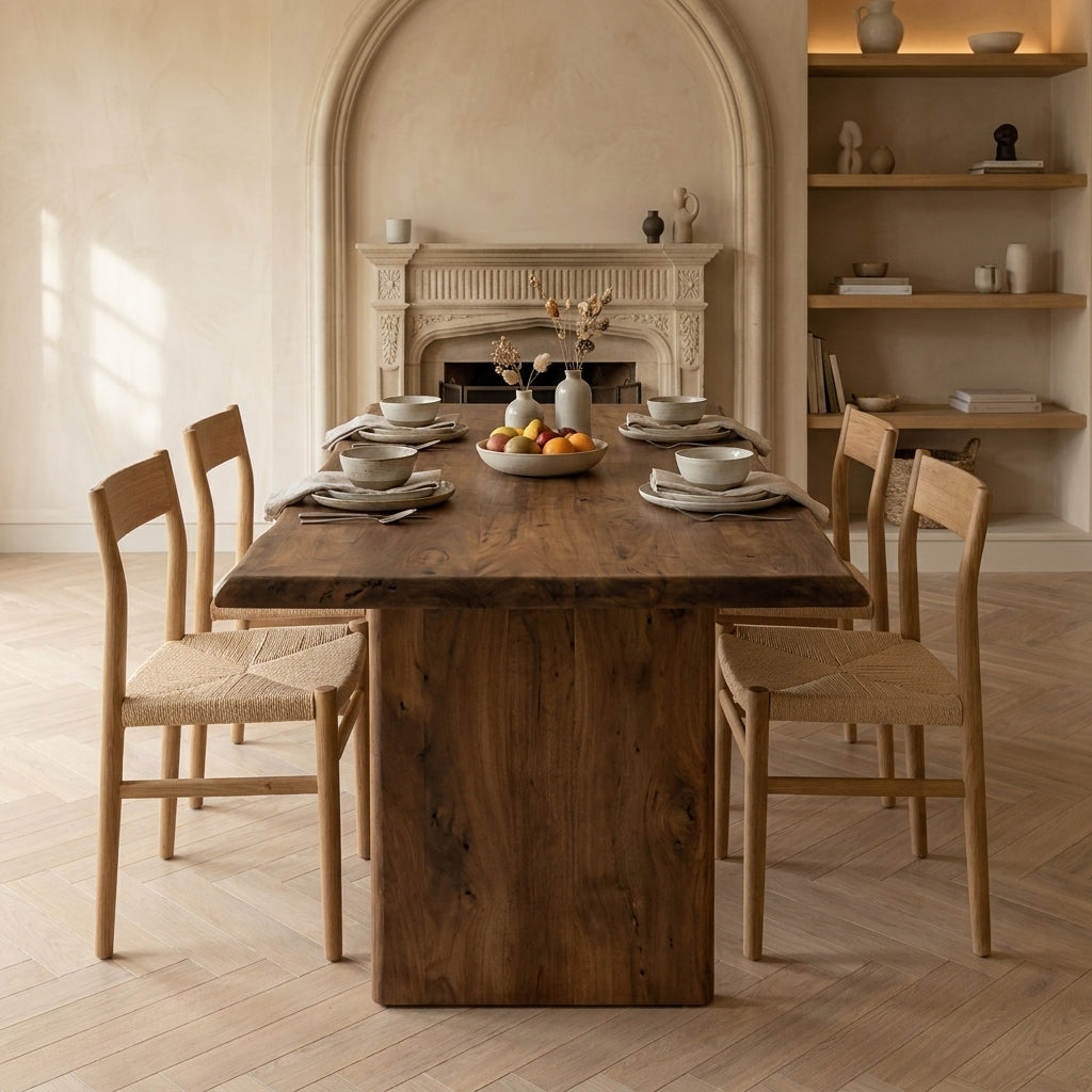 A rustic wooden dining table with a thick pedestal base and four matching wooden chairs with woven seats, set in a warm, neutral-toned dining room with a fireplace and built-in shelves.