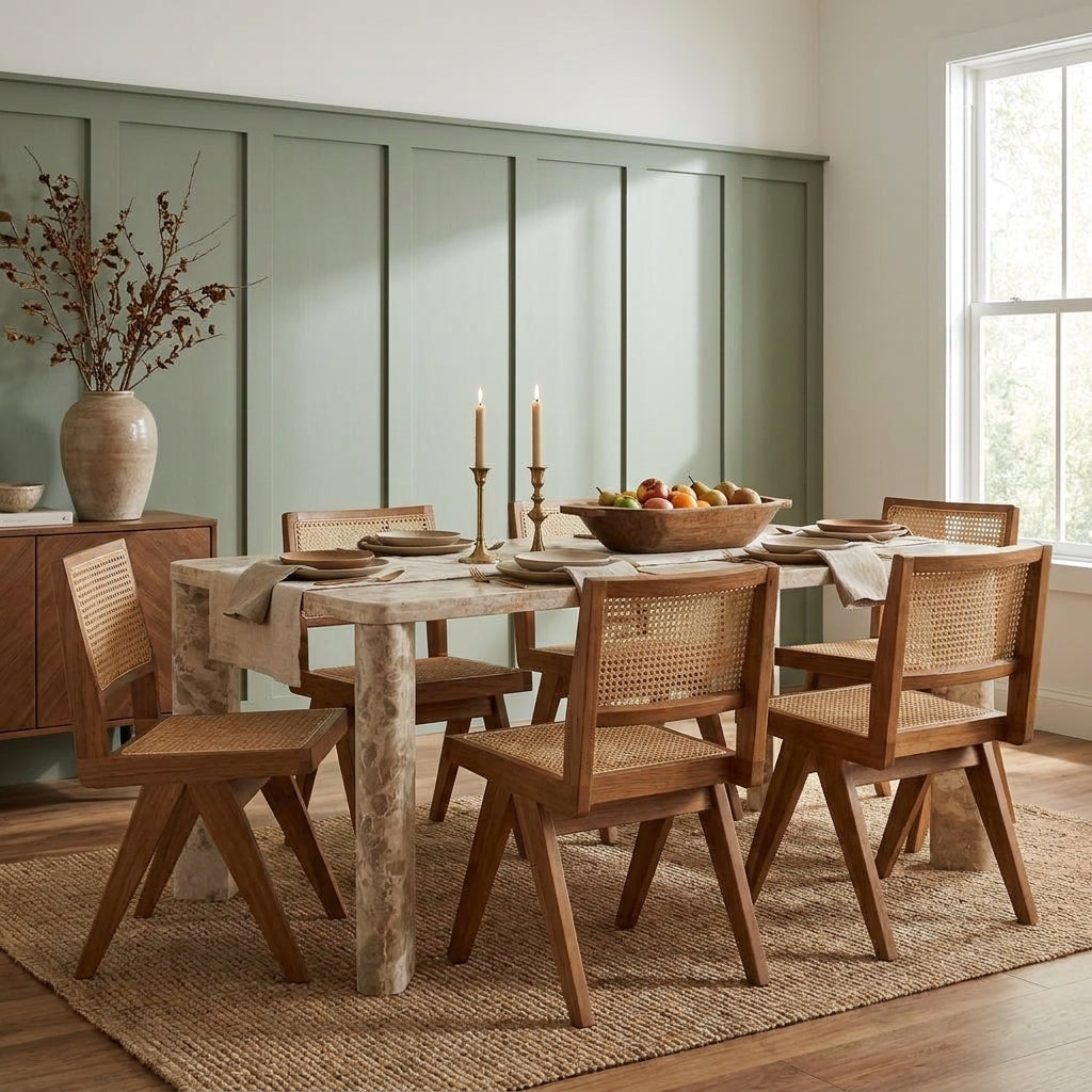 A styled dining room scene featuring a rectangular wooden dining table with a textured stone-look top and six matching wooden chairs with woven cane seats, set on a jute rug in front of sage green paneled walls.