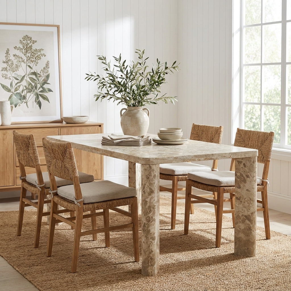 A rectangular dining table with a light stone top and thick stone legs, surrounded by four woven-back chairs with light beige upholstered seats, in a bright, sunlit dining room.